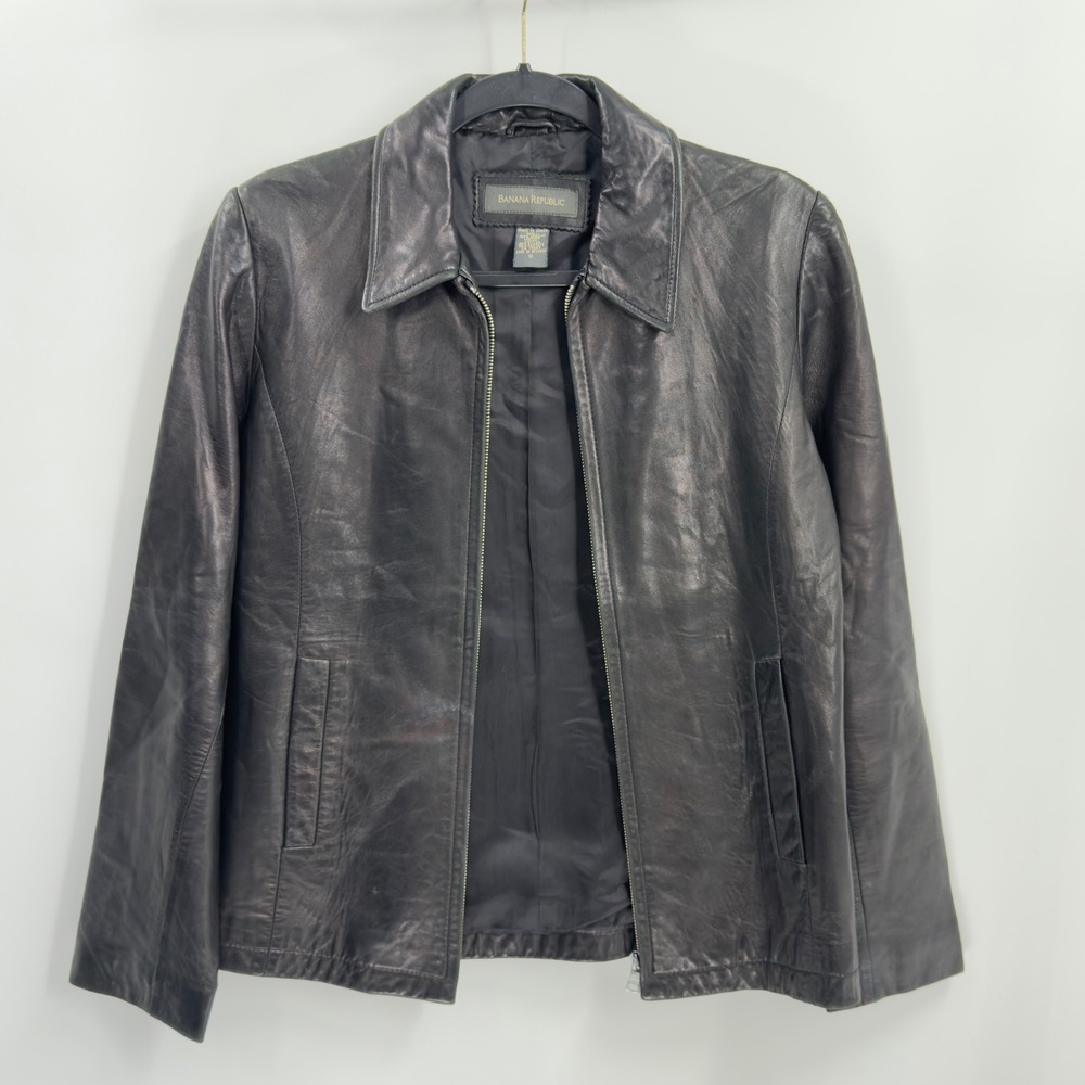 Banana Republic Womens Black Genuine‎ Leather Full Zip Jacket Size S Korea